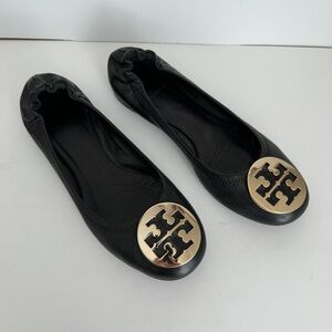 Tory Burch womens black gold Claire Leather Logo Ballet Flats size 8.5